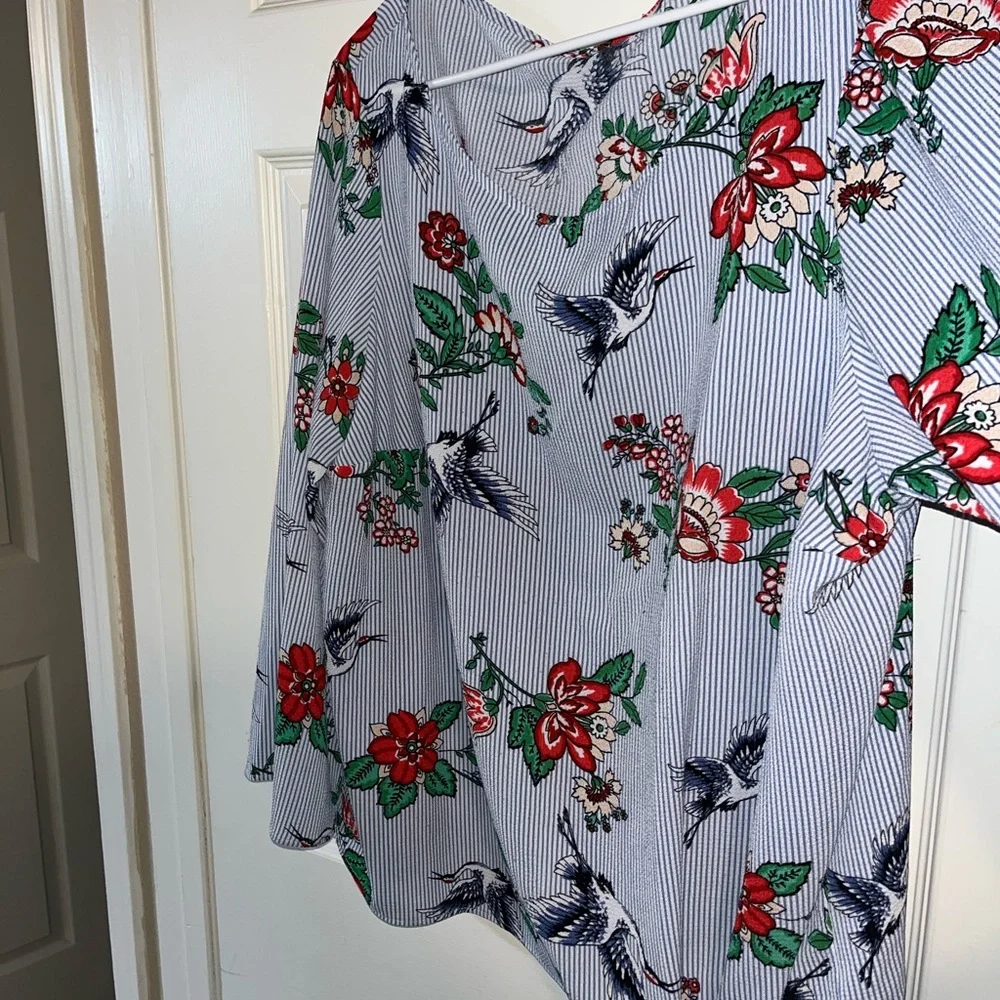 Floral Crane Striped Blouse Sz 2X - Picture 6 of 8